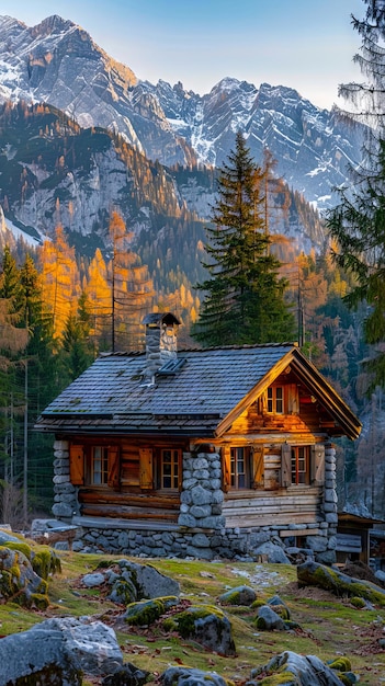 写真 山の中の小さな木製の小屋