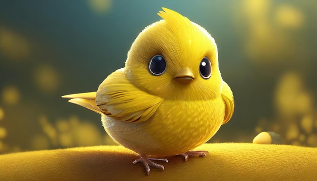 写真 黄色い表面の上に座っている小さな黄色い3dの鳥