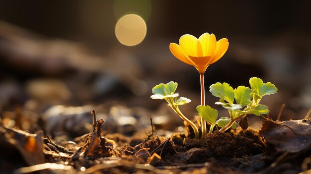 写真 小さな黄色い花が地面から生えています