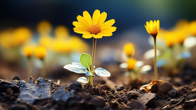 사진 작은 노란색 꽃이 땅에서 자라고 있다