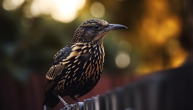 写真 枝に止まって人工知能が生成したカメラを見ている小さな黄色いムクドリ