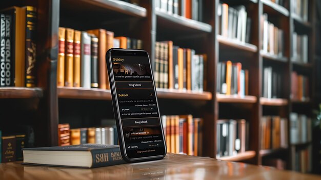 写真 図書館の木製のテーブルにスマートフォンが置かれています 電話はoathbringerというアプリに開かれています アプリは本のリストを表示しています