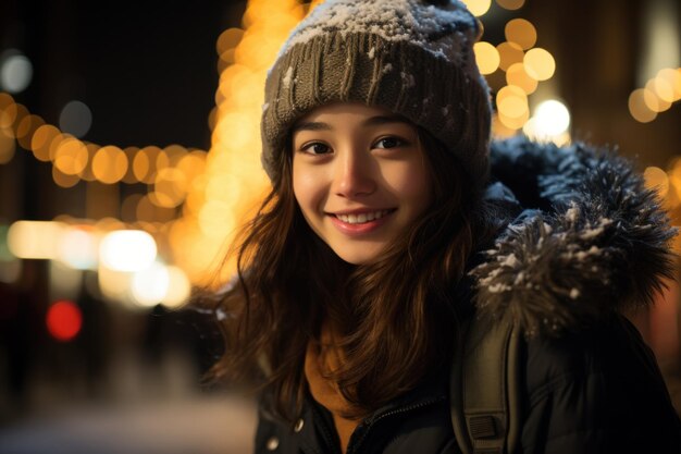 Фото Улыбающаяся азиатская девочка-подросток стоит на городской площади в ночь с освещенной рождественской елкой