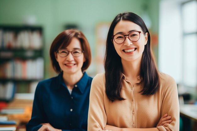 写真 生徒たちと教室で微笑むアジア人の教師