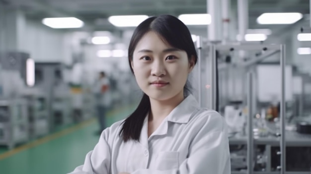 사진 공장에 서 웃는 중국 여성 전자 공장 노동자