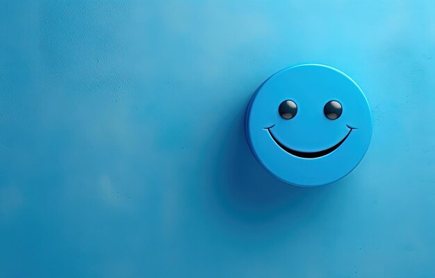 사진 웃는 얼굴이 소셜 미디어 아이콘의 스타일로 파란 벽에 붙어 있습니다.