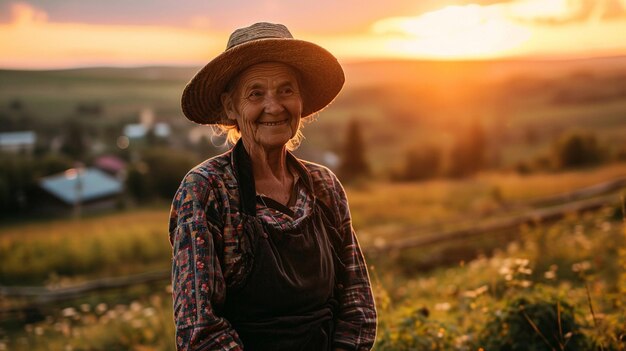 写真 笑顔の農夫帽子をかぶった年配の女性が草原に座って牛を放牧しています