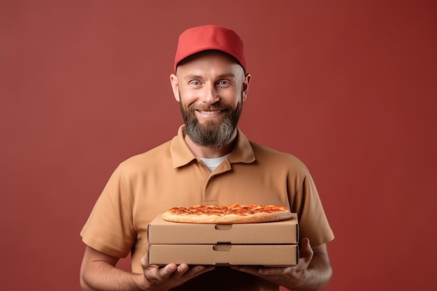 Фото Улыбающийся мужчина в кепке и на простом красном фоне держит в руках крафтовые коробки с пиццей реклама пиццерии макет плаката генеративный ии