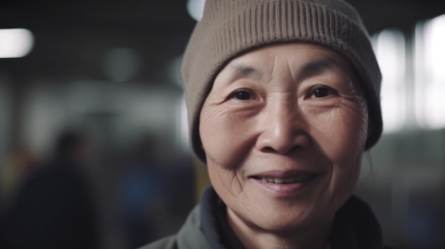 사진 공장에 서 있는 웃는 고위 중국 여성 전자 공장 노동자