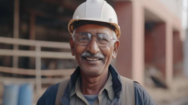 写真 建設現場に立つ笑顔のシニアインド人男性建設労働者