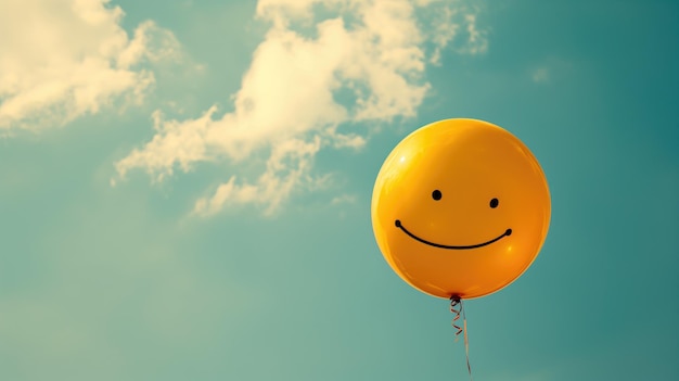 Фото Улыбающийся желтый шарик, плавающий в голубом небе с облаками