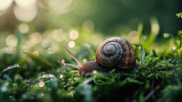 写真 緑の背景の前でカタツムリが草の上を這い回っています