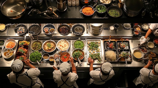 사진 멋진 주방에서 바쁜 요리사들의 스으로, 각 움직임은 맛있는 요리를 제공하기 위해 조작됩니다. - ai generative