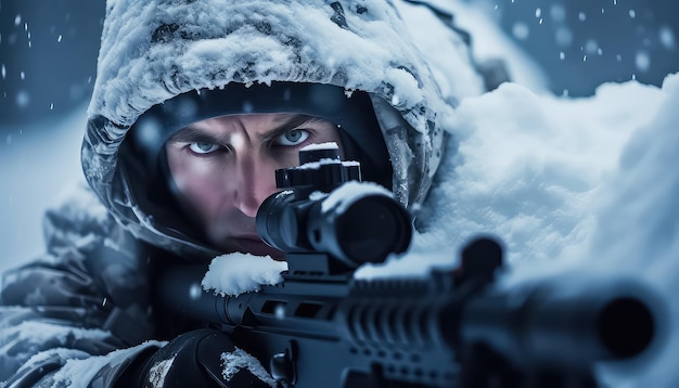 Фото Снайпер с оружием сидит в зимнем лесу