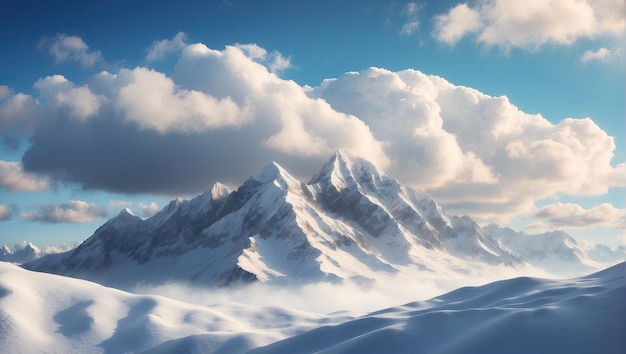 写真 雪で覆われた山の前面に雲がある