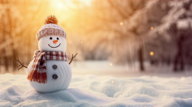 Фото Снежный человек с рождественскими игрушками на снежном зимнем фоне генеративный ии