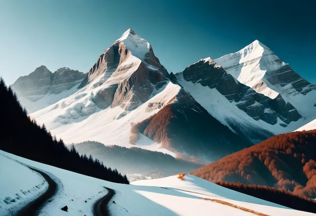 写真 背景に道路と山がある雪の山の風景