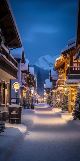 写真 建物や木々で雪が積もった通り