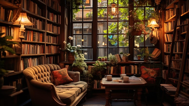 Фото Уютная ниша в привлекательном книжном магазине, уставленная томами, приятное место для чтения и мягкое окружающее освещение.