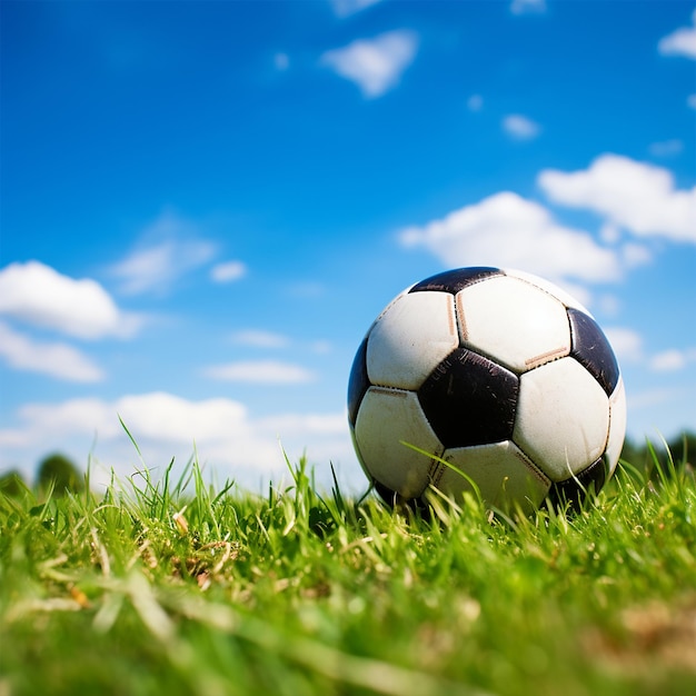 a_soccer_ball_lies_on_the_grass_with_a_blue_sky