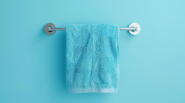 Фото Мягкий синий полотенце висит на блестящей металлической полотенцевой стойке, прикрепленной к синей стене