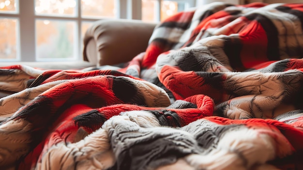 Фото Мягкое красно-белое ковровое одеяло покрыто коричневым кожаным диваном одеяло морщинистое и имеет уютный живой вид