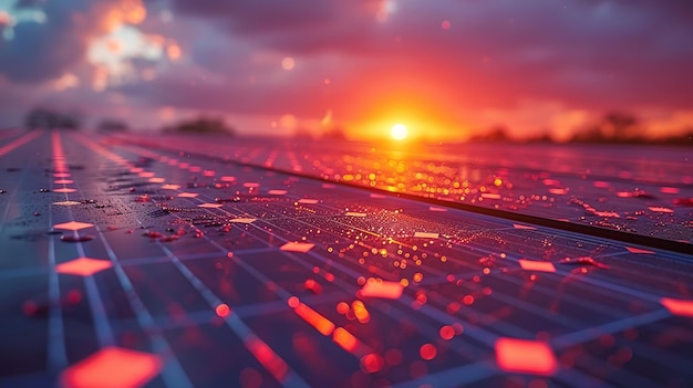 Фото Солнечная панель с красным и оранжевым закатом на заднем плане