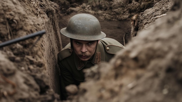 写真 谷に隠れている兵士 ウクライナの侵略戦争から地面に隠れているウクライナ兵士