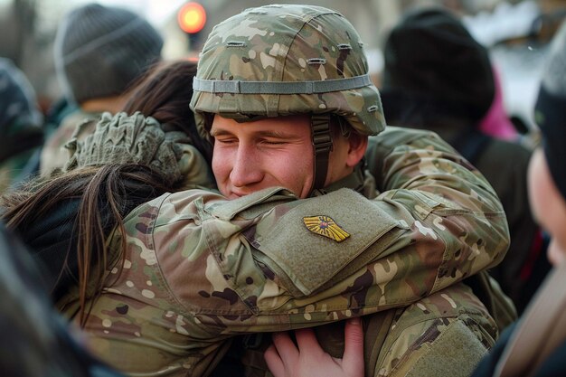 Фото Солдат, возвращающийся домой из развертывания, приветствовал b generative ai
