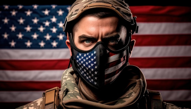 写真 彼の後ろにアメリカ国旗を持つフェイス マスクを身に着けている兵士。