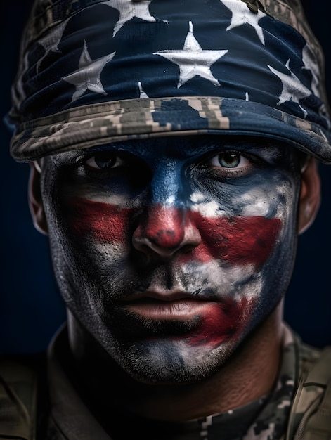 Фото Солдат с нарисованным на лице флагом