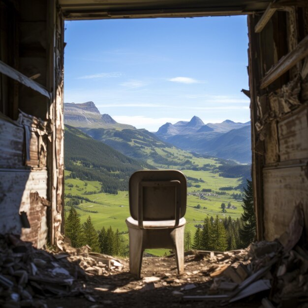 写真 孤独な椅子が廃墟の建物に座って美しい山の風景を眺めています