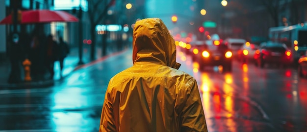 Фото Одинокая фигура в желтом плаще стоит посреди пропитанной дождем улицы. городские огни отражают городское свечение на мокром тротуаре.