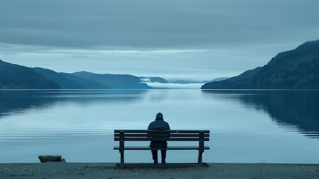 Фото Одинокая фигура сидит на скамейке у спокойного туманного озера.