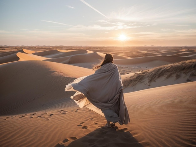 Фото Одинокий странник в пустыне, солнце садится за дюны, отбрасывая длинные тени.