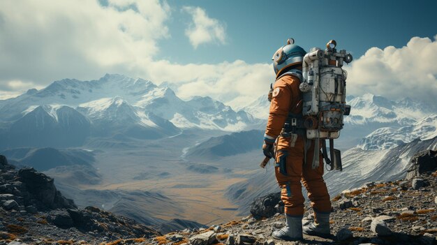 写真 宇宙飛行士が岩の土地の崖の上に立っています