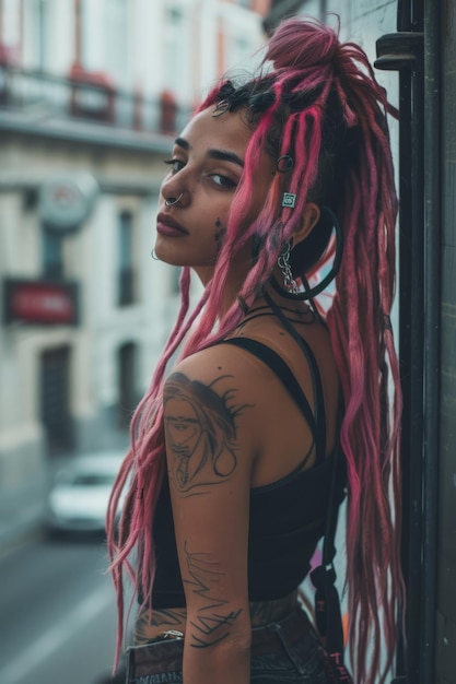 Фото Молодая испанка с розовыми дредлами, пирсингами и татуировками в городской обстановке