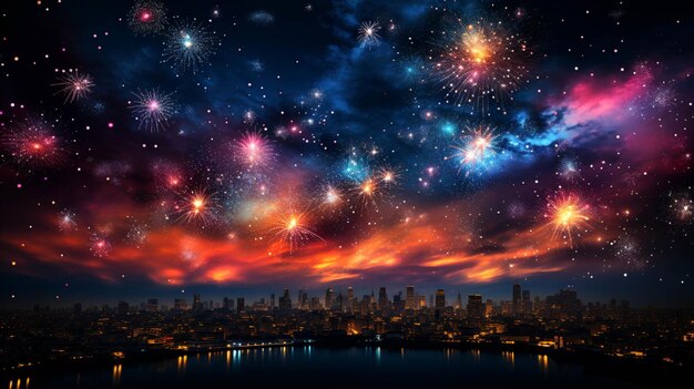 写真 華やかな色とりどりの花火ショー、暗い夜空の端にも光が輝いています