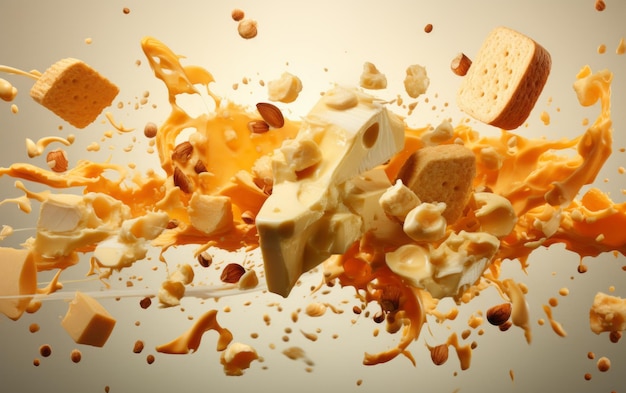 写真 モノクロ背景にさまざまなチーズが見事に爆発
