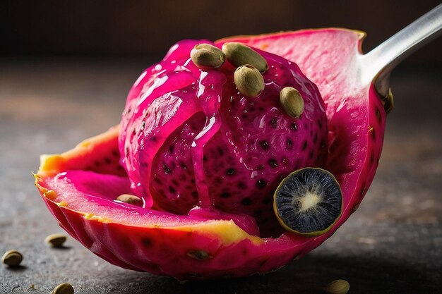 Foto a spoonful of dragon fruit sorbet with dragon fruit s