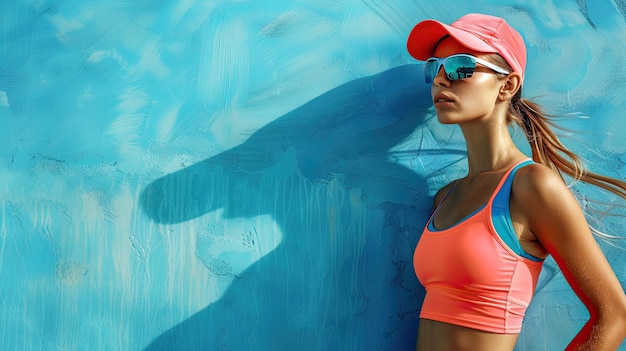 Фото Спортивная девушка в солнцезащитных очках на синем фоне