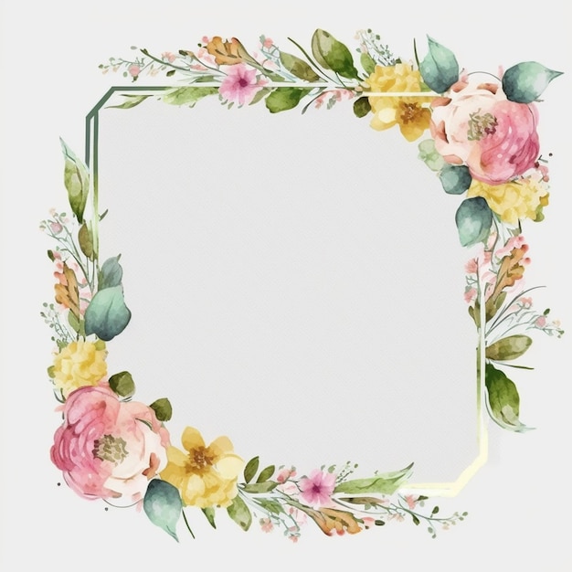 Фото Квадратная рамка с цветами и листьями окрашена в пастельные тона.