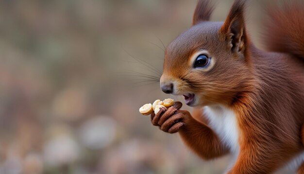 写真 木からスナックを食べているリス