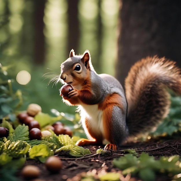 Фото Белка ест орехи в лесу