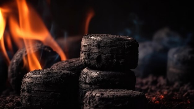 写真 火の前に積み上げられた炭の山