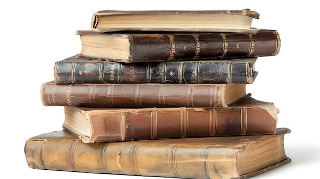 Фото Куча старых книг, изолированных на белом фоне книги разных оттенков коричневого цвета и с разными обложками