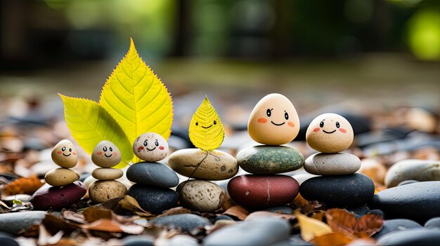 Фото a stack of stones featuring a painted happy face against a nature background