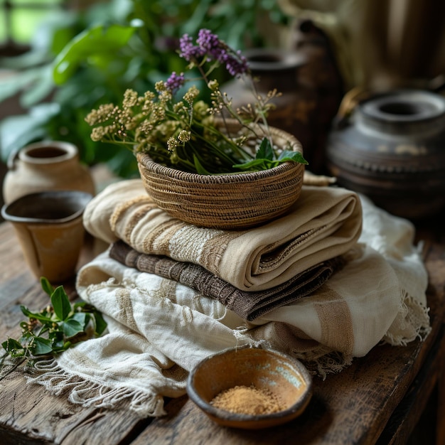 Фото Стопку полотенцев и миску с цветами