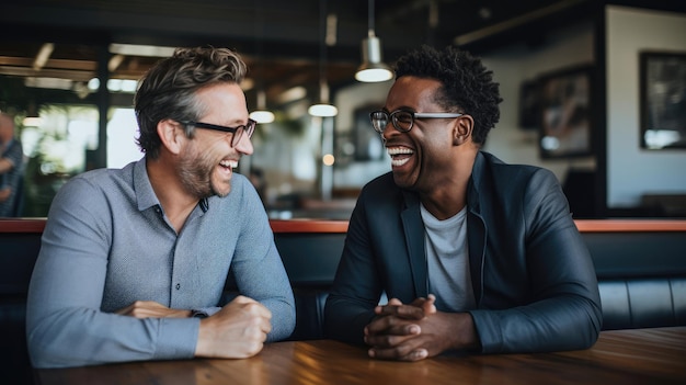 Фото Основатель стартапа и его наставник смеются вместе, обсуждая инновационные подходы