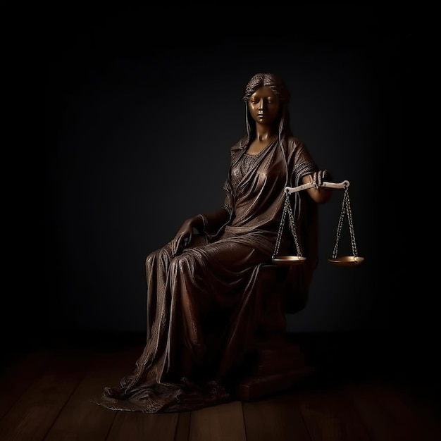 Фото Статуя дамы правосудия стоит в темной комнате.